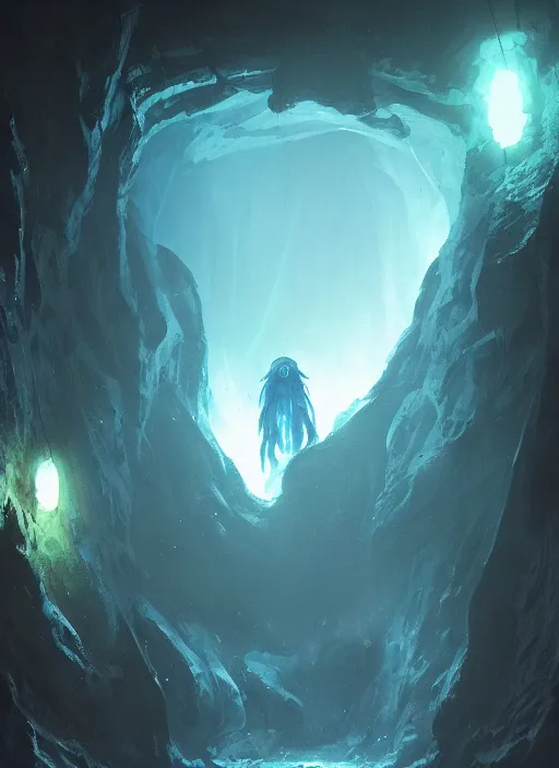 Image similar to cthulhu in a blue cave , by Greg Rutkowski , 8k, photorealistic, cinematic lighting, HD, high details, dramatic, atmospheric , trending on artstation