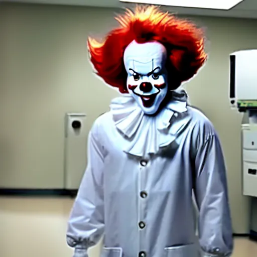 Image similar to a full body photograph of pennywise using a lab coat at a hospital