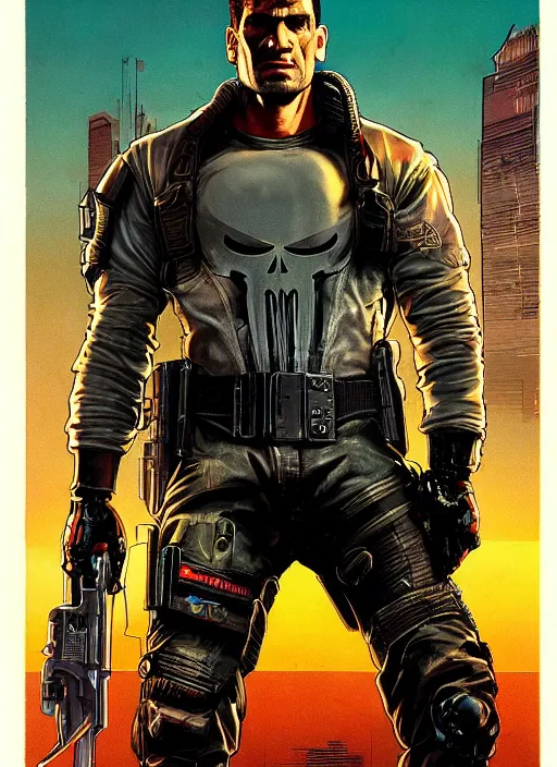 Image similar to the punisher. cyberpunk mercenary in tactical harness and jumpsuit. spin kick. portrait by stonehouse and mœbius and will eisner and gil elvgren and pixar. realistic proportions. dystopian. cyberpunk 2 0 7 7, apex, blade runner 2 0 4 9 concept art. cel shading. attractive face. thick lines.