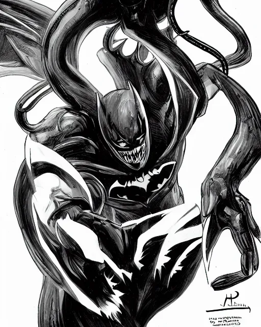 Prompt: venom as batman, with the powers of flash, dynamic lighting, fantasy concept art, trending on art station, stunning visuals, creative, cinematic, ultra detailed, comic strip style, sumihei