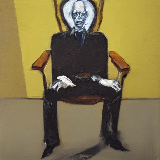 Image similar to a painting of a man sitting in a chair, a fine art painting by francis bacon, trending on artstation, shock art, oil on canvas, macabre, apocalypse art