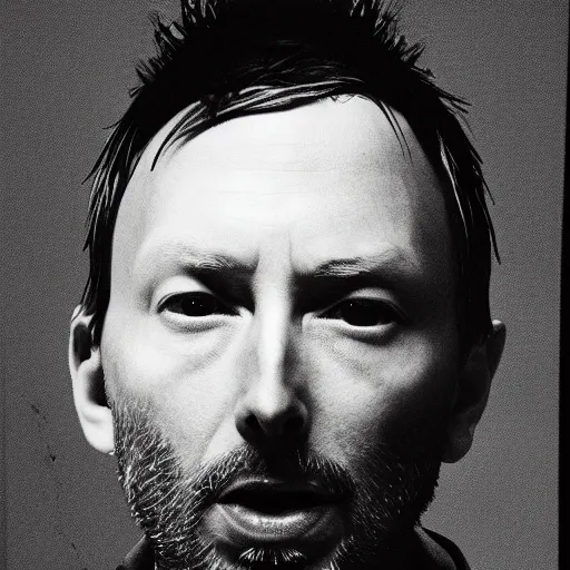 Prompt: Yorke Thom Radiohead yorke thom, with a beard and a black jacket, a portrait by John E. Berninger, dribble, neo-expressionism, uhd image, studio portrait, 1990s