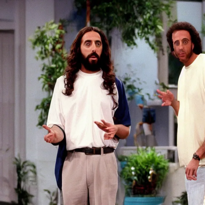 Image similar to Photo still of Jesus Christ in 1990s clothing talking with young Jerry Seinfeld, in the style of the TV show Seinfeld (1994)