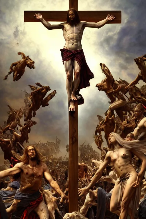 Image similar to realistic photo of the apocalypse, in the center of the image christ crucified and dismembered by demons, in the heavens horsemen of the apocalypse wreak havoc, deep focus, intricate, elegant, highly detailed, digital painting, art station, concept art, matte, sharp focus, illustration, art by artgerm and greg rutkowski and alphonse mucha