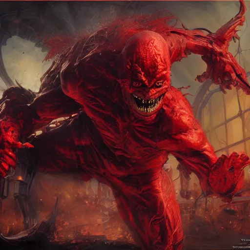 Image similar to red goblin, epic scene, paint by Raymond Swanland