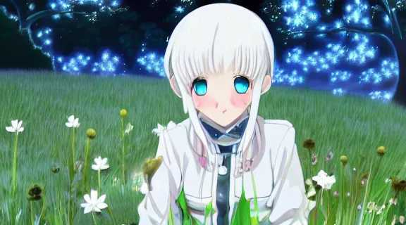 Image similar to white haired anime girl sitting in a field of Ghibli Clover | Big Moon at Blue Night | bioluminescent blue FLOWERS | strong blue rimlit | visual-key | anime illustration | highly detailed High resolution | Light Novel | Visual Novel | Gosick