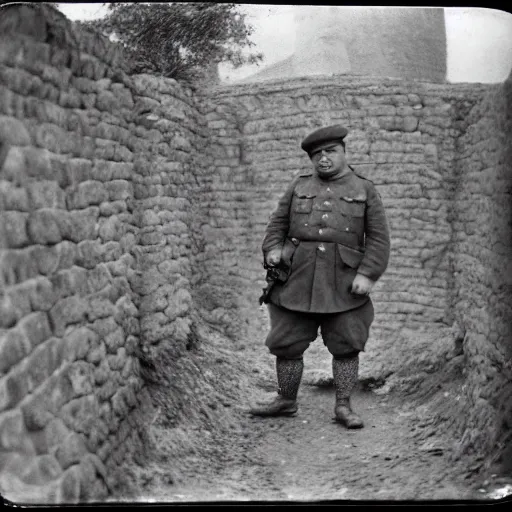 Image similar to Fat guy as a soldier, ww1 trench, war photo, film grain