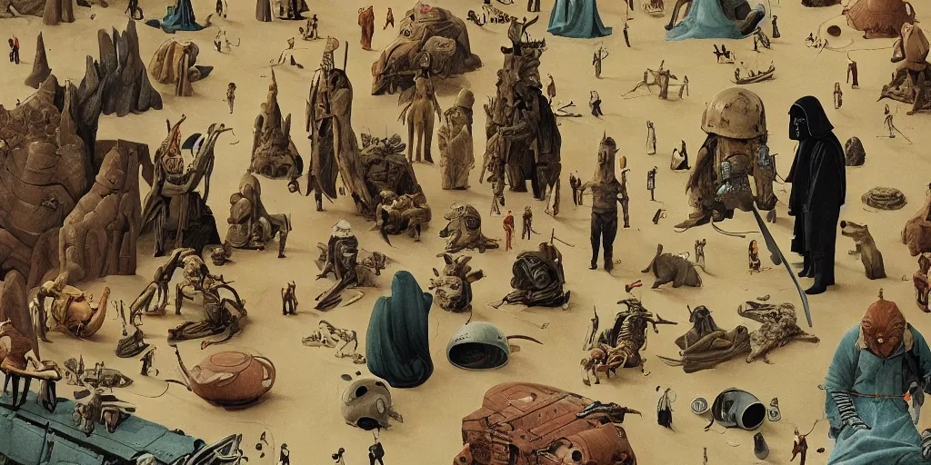 Image similar to a scene from Star Wars, detailed illustration, character design, intricate, by Wes Anderson, hieronymus bosch and Moebius