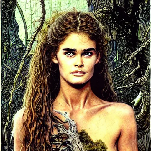 Image similar to a realistic, very beautiful and atmospheric portrait of young brooke shields in the movie blue lagoon aged 1 8 as a druidic warrior wizard looking at the camera with an intelligent gaze by rebecca guay, michael kaluta, charles vess and jean moebius giraud
