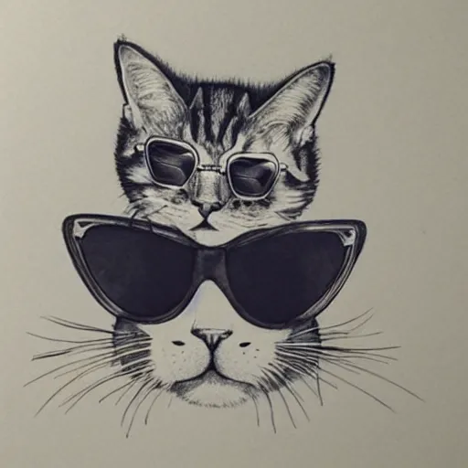 Prompt: a cat wearing sunglasses sitting in a chair with a smoking cigarette in his hands, ball-point pen art”