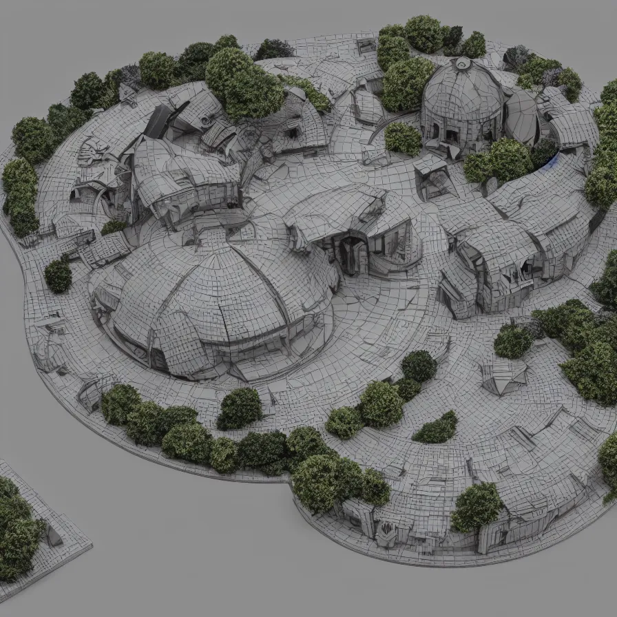 Image similar to architectural model, isometric view, 3 d render, studio lighting, low contrast, dark background, highly detailed, a plot with a circular house with circular courtyards, tree