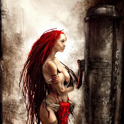 Prompt: pretty woman with red and blonde dreadlocks, standing in a ruined post apoc street, holding a spare. dramatic lighting luis royo, wlop