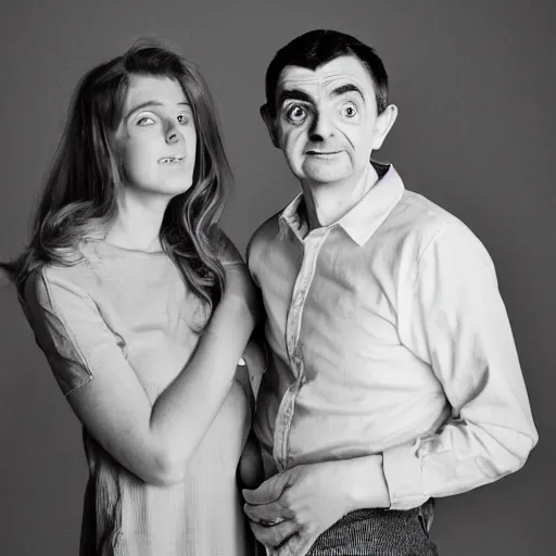 Image similar to A portrait mr bean elizabeth teams up with a teenage mr bean, perfect faces, 50 mm, award winning photography