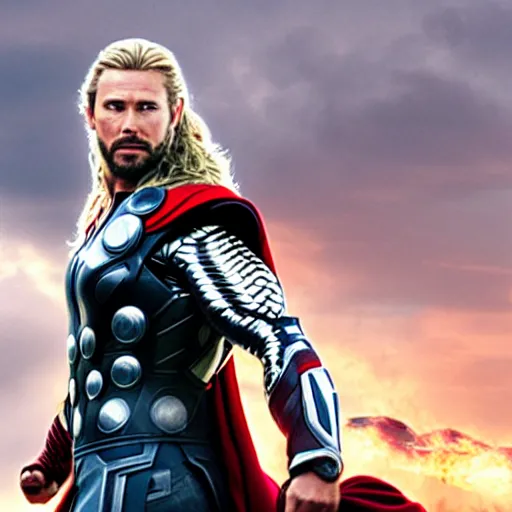 Prompt: promotional image of Thor as Iron Man in Iron Man（2008）, he wears Iron Man armor without his face, movie still frame, promotional image, imax 70 mm footage