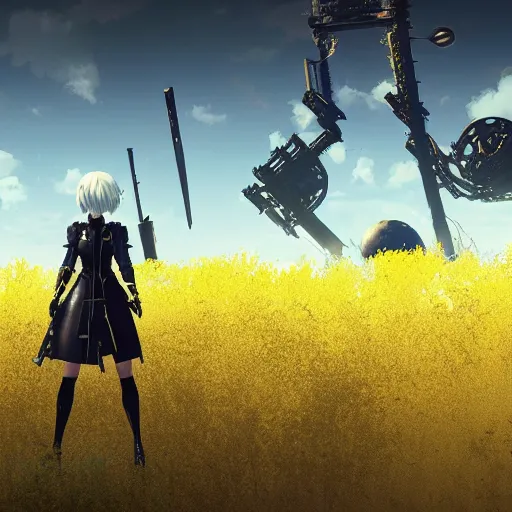 Image similar to a very high resolution image from nier : automata, featuring 9 s android fighting militarized police forces in yellow rye field under pure blue skies