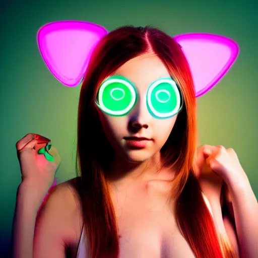 Prompt: cute young woman with robot ears and eyes, 4k, sharp focus, neon colored fluorescent lighting, René Laloux