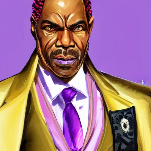 Image similar to a portrait of a muscular older black man with cornrows and a purple suit with a monocle on, D&D, sci-fi, elegant, hopeful, muscular, highly detailed, digital painting, artstation, concept art, smooth, sharp focus, illustration