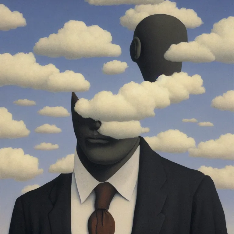 Image similar to portrait of a faceless shadow - head man in a suit, clouds in the background, by rene magritte, detailed painting, distance, middle centered, hd, hq, high resolution, high detail, 4 k, 8 k