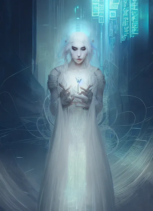 Prompt: a beautiful white haired princess, intricate concept art, ethereal, ominous, mysterious, enchanted, magic, dramatic lighting, illuminated lines, outrun, vaporware, illuminated runes, cyberpunk darksynth, dark background, 8 k, by ruan jia and krenz cushart and alphonse mucha