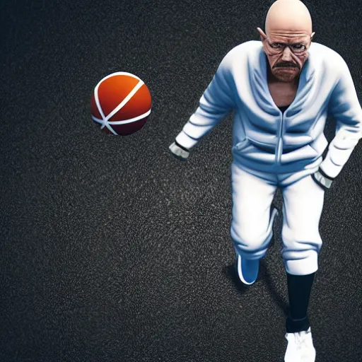 Prompt: walter white wearing adidas track suit and playing basketball, 8 k, photorealistic