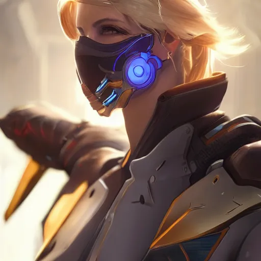 Image similar to mercy overwatch wearing cyberkinetic mask, 8 k resolution, highly detailed, intricate, very beautiful face, very detailed eyes, by greg rutkowski, wlop