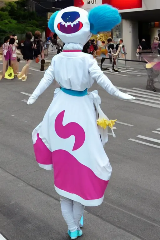 Image similar to 35mm of a very cute, minimal, adorable and creative Japanese mascot character costume, full body and head view, very magical and dreamy, designed by Gucci,kawaii, magical details