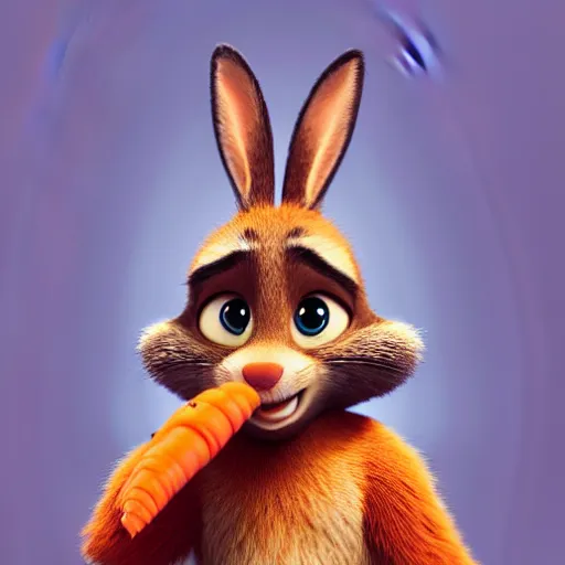 Image similar to portrait of a super cute bunny, eating a carrot, pixar, zootopia, cgi, blade runner. trending on artstation, smiling, friendly