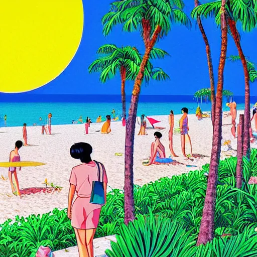 Prompt: a beautiful painting of a sunny day at a large beach filled with lush plants and palm trees by hiroshi nagai and hirohiko araki, detailed line art, vaporwave color scheme