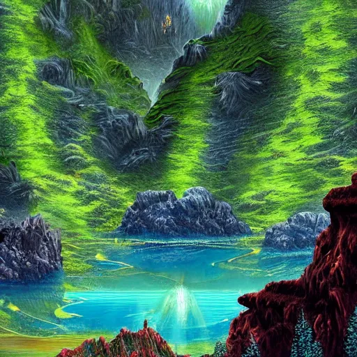 Image similar to beautiful digital artwork of a lush natural scene on an alien planet by lurid ( 2 0 2 2 ). artistic science fiction. extremely detailed. beautiful landscape. weird vegetation. cliffs and water.