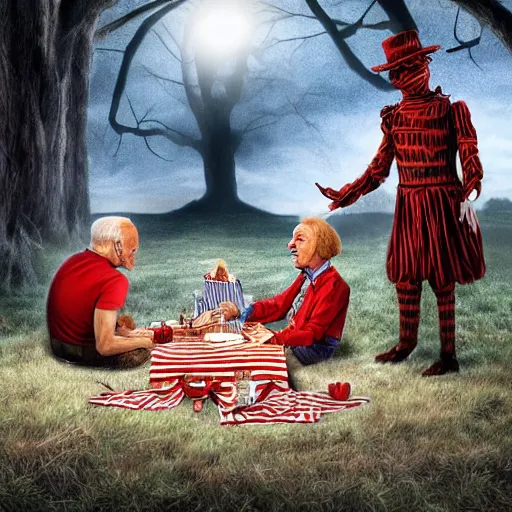 Image similar to freddy krueger, penny - wise and joe biden on a picnic, photo portrait, hyper realism, creepy, symmetry, awesome exposition, very detailed, highly accurate, professional lighting diffracted lightrays, 8 k, sense of awe