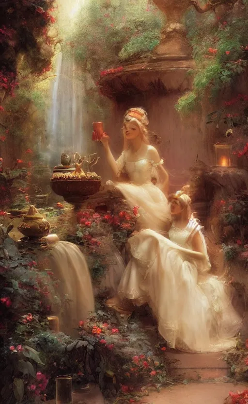 Image similar to Alice in the wonderland by Raphael Lacoste and Pierre Auguste Cot and Delphin Enjolras and Daniel F. Gerhartz