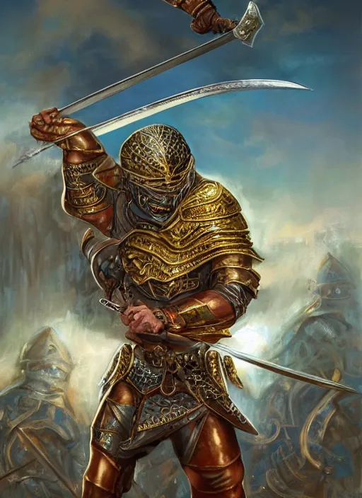 Image similar to strong gladiator holding legendary sword, fantasy, man, gilded shiny armour, intricate, highly detailed, digital painting, artstation, concept art, wallpaper, smooth, sharp focus, illustration, illumination, raytracting, art by larry elmore, jeff easley, clyde waldwell, keith parkinson, daniel r horne