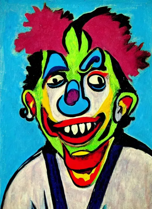 Image similar to ugly vomiting clown in the style of ernst ludwig kirchner