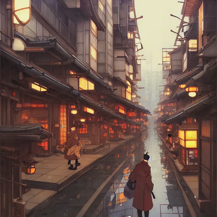 Image similar to japanese big city, winter, in the style of studio ghibli, j. c. leyendecker, greg rutkowski, artem