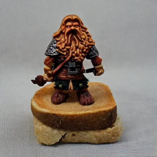 Prompt: a dwarven d&d miniature on a slice of toast