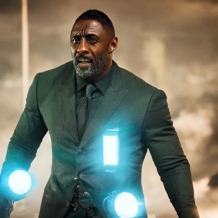 Image similar to film still of Idris Elba as Green Lanturn in new DC film, photorealistic 4k