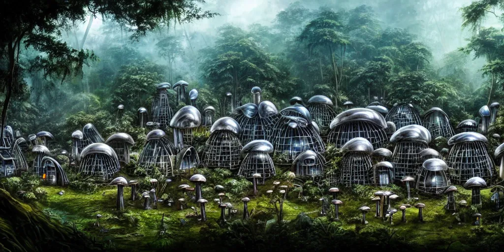 Image similar to a clearing in the jungle reveals a chrome metal village full of mushroom houses, matte oil painting, cybernetic, science fantasy, retrofuturistic, biblical, rpg, queer, pride, epic, extremely detailed, sharp focus, 4 k