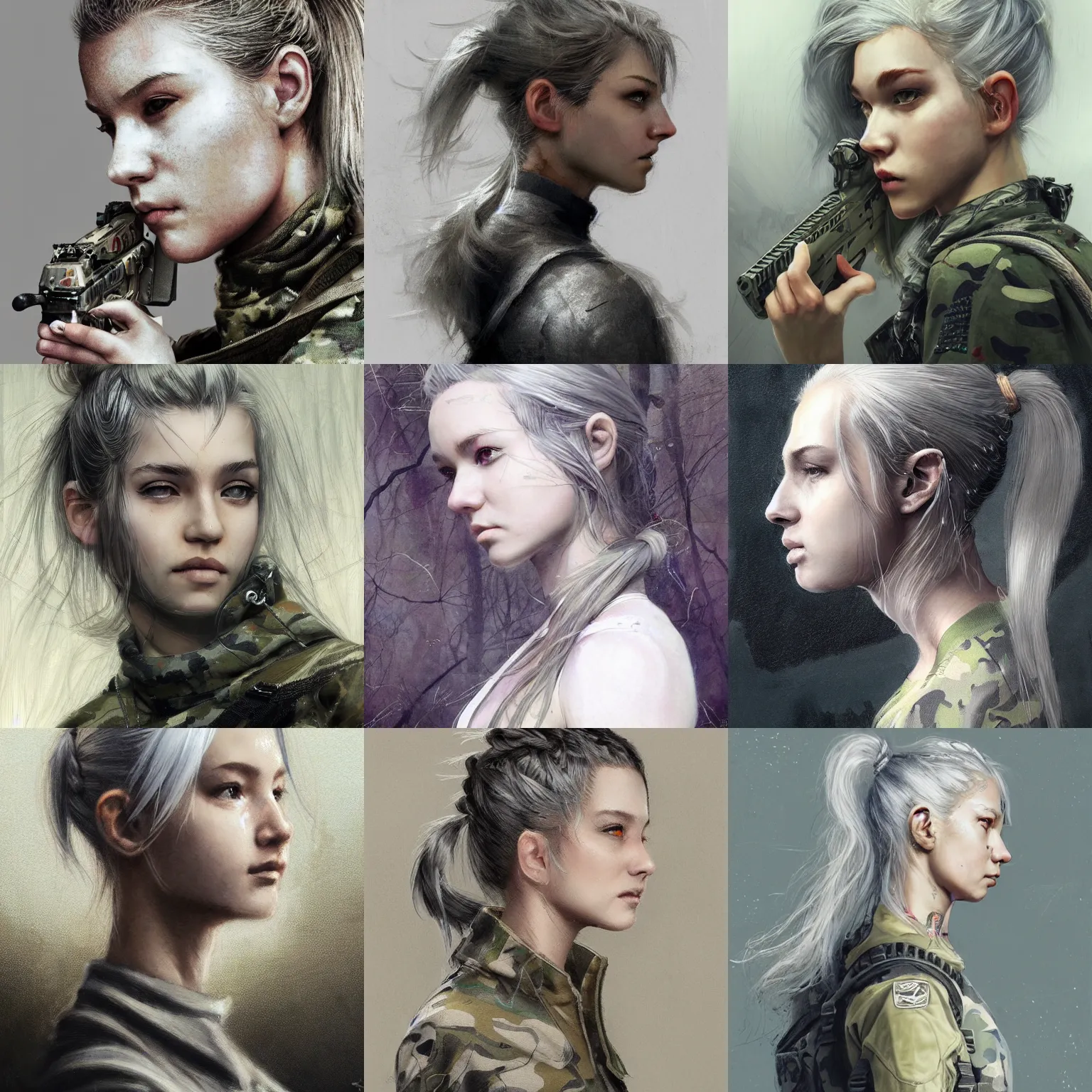 Prompt: girl, silver hair (ponytail), multicam (camo), trending on artstation, detailed, cinematic portrait, ilustration by (Yoann Lossel and) Takehiko Inoue