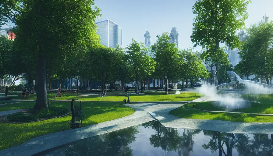 Prompt: futuristic pariss with green square, trees and a fountain, sunny day, reflections, volumetric lights, white buildings, offices, apartments, hyperdetailed, artstation, cgsociety, 8 k