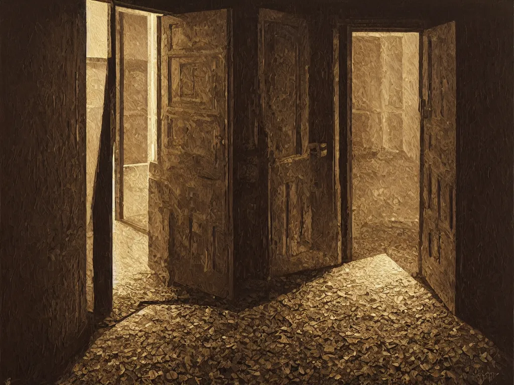 Prompt: a gust of night pushed its way in the door, by jeffrey smith, oil on canvas, dramatic lighting, smooth, sharp focus, extremely detailed, aesthetically pleasing composition