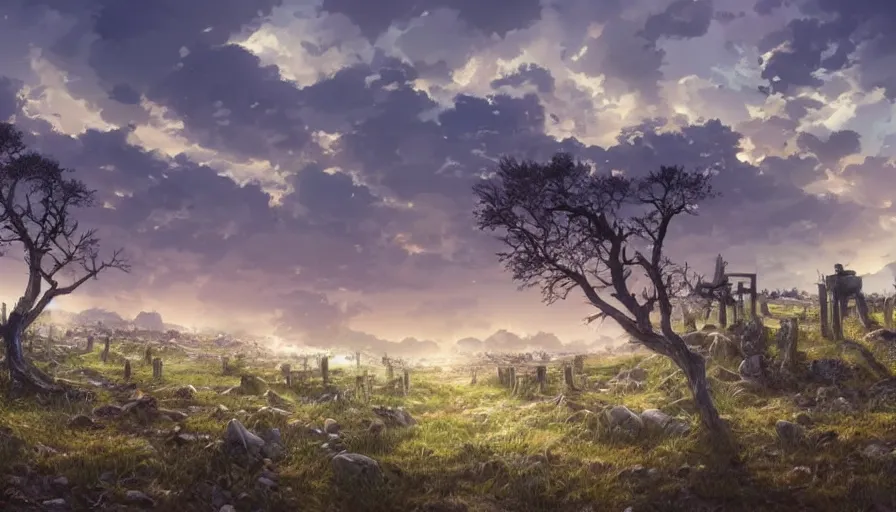 Image similar to the beautiful, dreamy, wistful, panoramic view of dead calvary soldiers on a field and rocks at dusk. my soldiers, rage! hyperrealistic anime background illustration by kim jung ki, colorful, extremely detailed intricate linework, smooth, super sharp focus, bright colors, high contrast, matte, octopath traveler, unreal engine 5 highly rendered, global illumination, radiant light