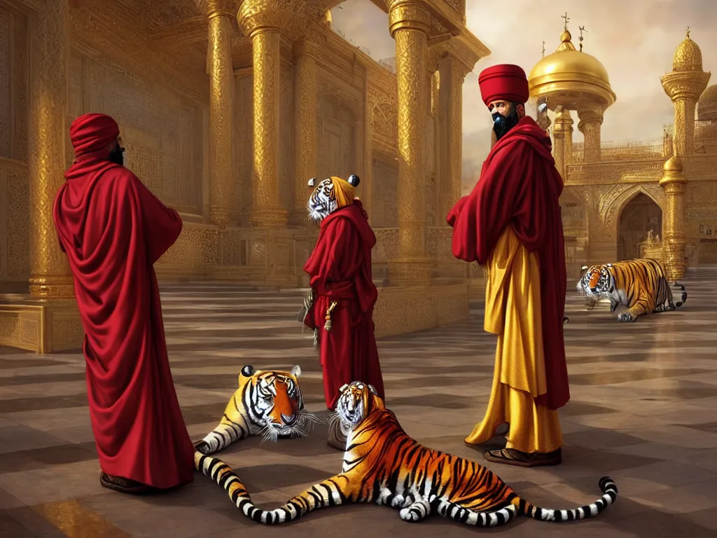 Image similar to moor with fez and turban in gilded silken robes with pet tiger at his side in front of immaculate palace intricate. highly detailed highly detailed, photorealistic, octane render, 8 k, unreal engine. art by artgerm and greg rutkowski and wayne barlowe