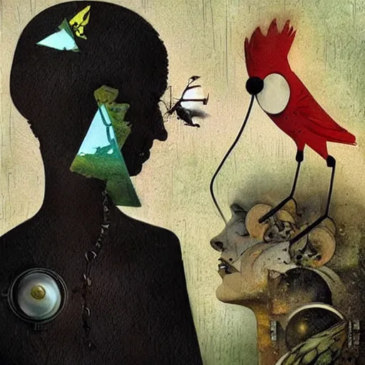 Image similar to a naive woman with a memory that survives the reset of the world, and a small robot bird on her shoulder, collage artwork by dave mckean and esao andrews