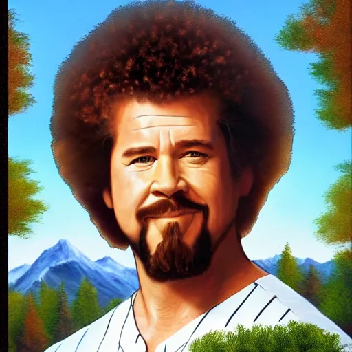 Image similar to a closeup photorealistic photograph of bob ross themed kenny powers baseball, painting on a canvas. mountains and trees. film still. brightly lit scene. this 4 k hd image is trending on artstation, featured on behance, well - rendered, extra crisp, features intricate detail, epic composition and the style of unreal engine.