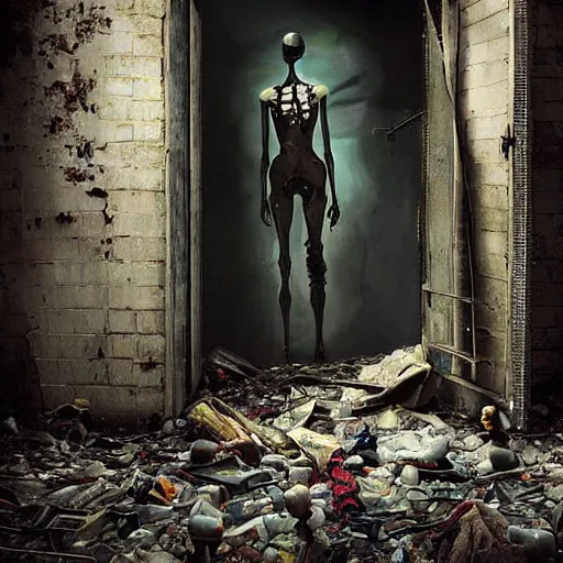 Image similar to A horrific painting of sinister broken mannequins in an abandoned warehouse. Backroom liminal spaces. Queue. Door. by Tom Bagshaw, Dan Mumford, Dariusz Zawadzki, Todd McFarlane, and Erik Johansson