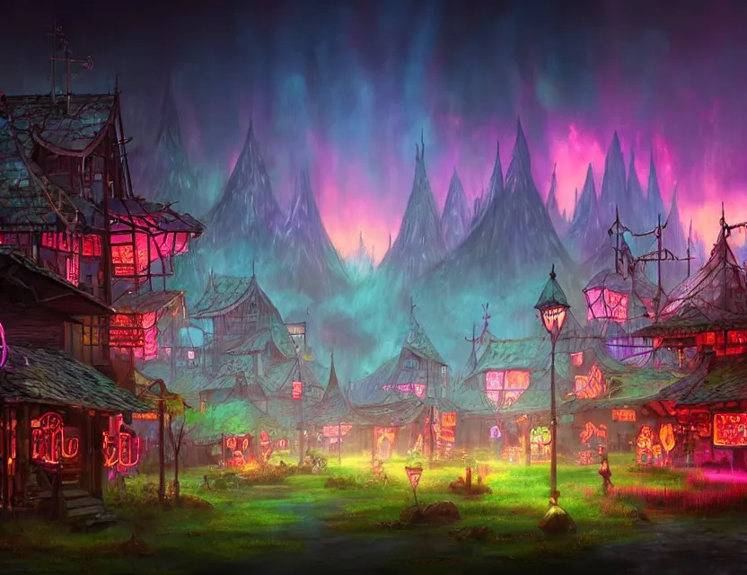 Image similar to elven village with neon signs at a mire. this air brush painting by the award - winning anime artist has an interesting color scheme, plenty of details and impeccable lighting.