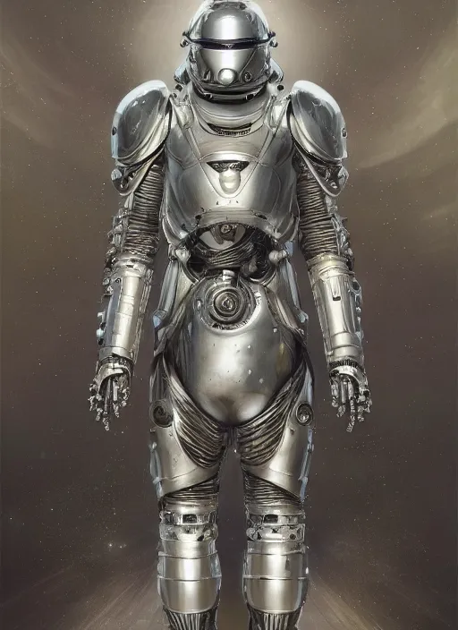 Image similar to portrait of a futuristic silver armored knight cyborg with mechanical very detailed space suit, modern fine art, fractal, intricate, elegant, highly detailed, digital photography, subsurface scattering, by jheronimus bosch and greg rutkowski,