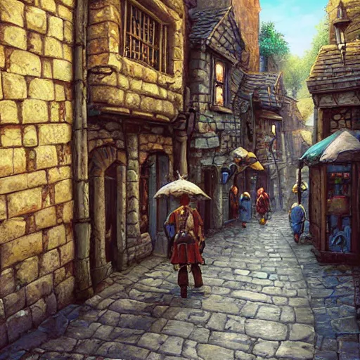 Image similar to a busy fantasy street looking down one street within a fascinating old city, quirky shops, narrow streets, old buildings, cobblestones on the ground, stone steps, street life, by Sylvain Sarrailh, single street, cinematic, simple but effective composition, clean lines, beautiful digital painting, oil painting, detailed, dungeons and dragons, lord of the rings