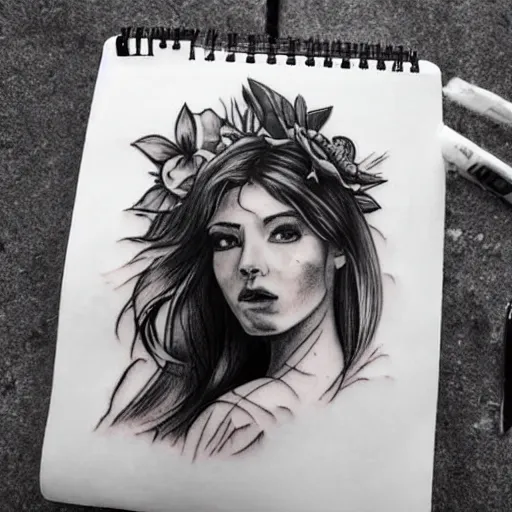 Image similar to tattoo design sketch of a beautiful girl on faded beautiful mountain scenery, hyper realistic