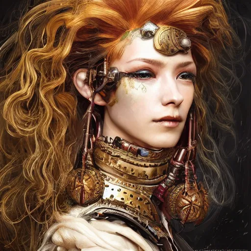 Image similar to portrait, headshot, insanely nice professional hair style, dramatic hair color, digital painting, of a old 17th century, old cyborg merchant, amber jewels, baroque, ornate clothing, scifi, realistic, hyperdetailed, chiaroscuro, concept art, art by Franz Hals and Jon Foster and Ayami Kojima and Amano and Karol Bak,